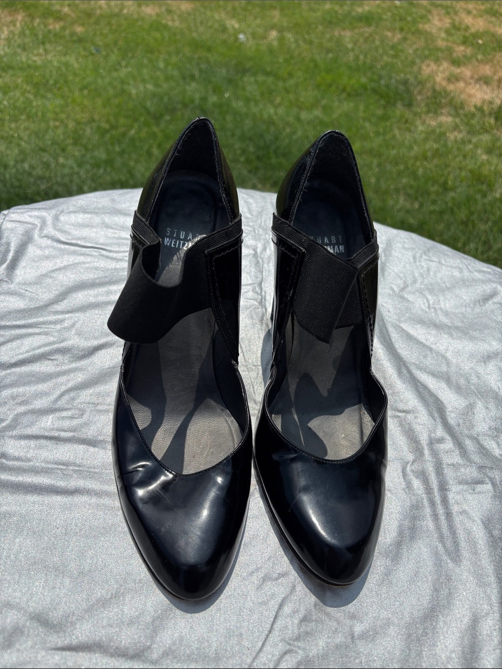 Stuart Weitzman Black Patent Pointed Mary Jane Pumps with Elastic Strap